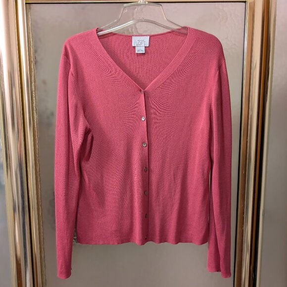 LOFT Pink Silk V-Neck Cardigan - Picture 2 of 8